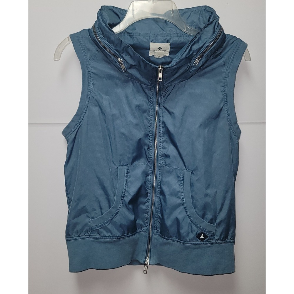 Sperry Lined Rip Stop Zip Up Vest Hide-Away Hoodie Preppy Coastal Nautical  Sz S